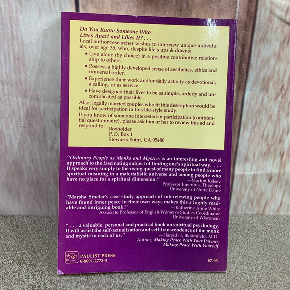 1986 Ordinary People as Monks and Mystics Paperback Book by Marsha Sinetar - Picture 2 of 2